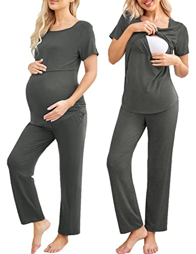 Ekouaer Women Maternity Nursing Pajama Set Breastfeeding Double Layer Tank Top Long Pant with Pockets Pregnancy PJS 0 belly baby and beyond