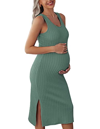 Ekouaer Womens Maternity Dress Rib Knit Sleeveless Nightgowns Tank Side Slit Bodycon Dresses S XXL 0 belly baby and beyond