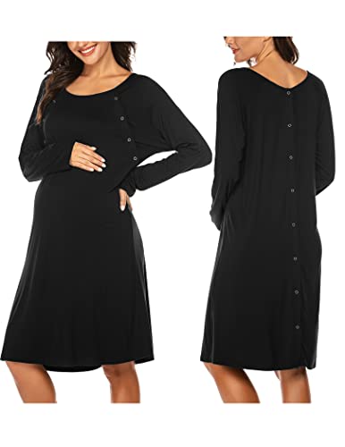 Ekouaer Womens NursingDeliveryLabor Nightgown Long Sleeve Maternity Sleepshirt for Breastfeeding with Button 0 belly baby and beyond