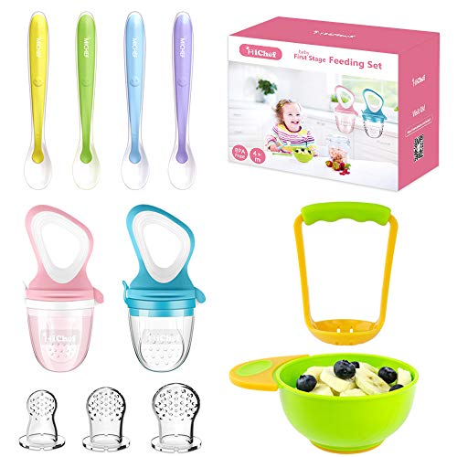 Food Feeder Baby Fresh Fruit Feeder 2 Pack with 3 Different Sized Silicone Pacifiers Mash and Serve Bowl with 4 Soft Tip Silicone Baby Spoons Perfect Baby First Stage Feeding Set by MICHEF 0 belly baby and beyond