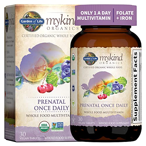 Garden of Life Prenatal Vitamin Folate for Energy Healthy Fetal Development Non constipating Iron Vitamin C B6 B12 D3 mykind Organics Organic Non GMO Gluten Free Vegan 30 Day Supply 0 belly baby and beyond