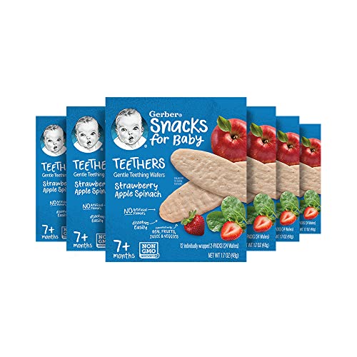 Gerber Snacks for Baby Teethers Gentle Teething Wafers Strawberry Apple Spinach 17 Ounce 12 Count Box Pack of 6 0 belly baby and beyond
