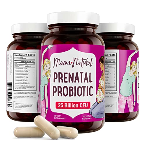 Mama Natural Prenatal Probiotics for Women 30 Vegan Probiotic Capsules 25 Billion CFU 12 Strain Pregnancy Probiotic Prebiotic Blend Acidophilus Bifidobacteria Support for Mom and Baby 0 belly baby and beyond