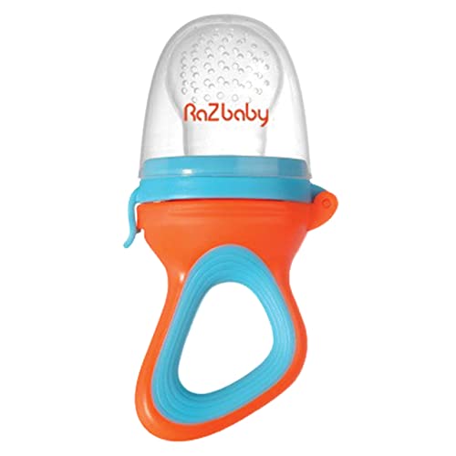RaZbaby Baby Fruit FeederFood Feeder Pacifier Infant Teething Toy Teether 6M Add Babys Favorite Frozen Fruit or Fresh Food for Teething Relief Silicone PouchNipple BPA Free OrangeBlue 0 belly baby and beyond