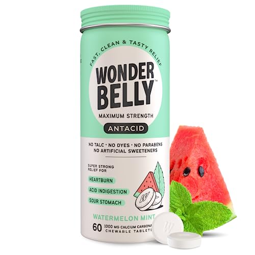 Wonderbelly Maximum Strength Antacid Chewable Tablets 1000mg Calcium Carbonate Instant Heartburn and Acid Indigestion Relief Talc Dye Free Watermelon Mint 60 Count 0 belly baby and beyond