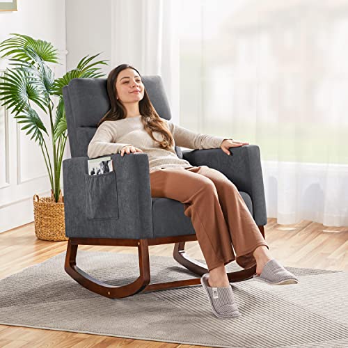 Yaheetech Rocking Chair Nursery Upholstered Glider Chair with Rubber Wood Legs Side Pocket Rocking Accent Armchair for Living Room Gray 0 belly baby and beyond