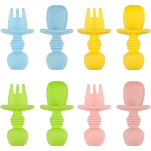8 Pack Baby Utensils Silicone Baby Led Weaning Utensils Toddler Utensils for Self Feeding Baby Forks and Spoons First Stage Chewable Utensils Set for Age 6 Months Multicolor 0 belly baby and beyond