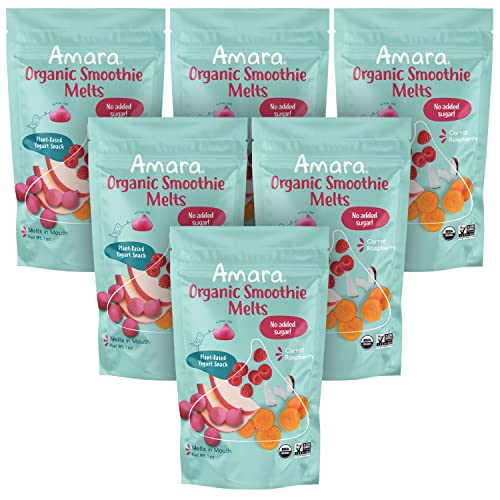 Amara Smoothie Melts Carrot Raspberry Baby Snacks Made With Fruits and Vegetables Healthy Toddler Snacks For Your Kids Lunch Box Organic Plant Based Yogurt Melts 6 Resealable Bags 0 belly baby and beyond