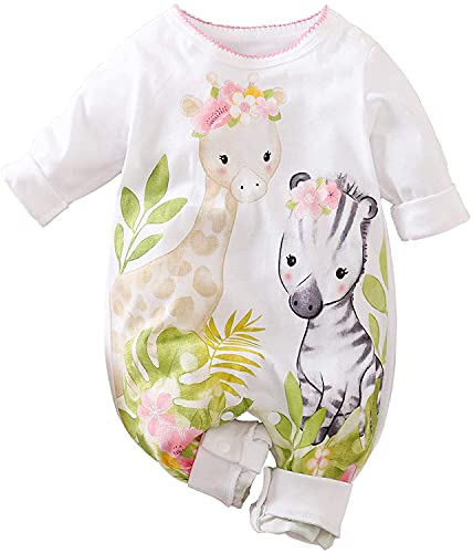Aoswep Cute Giraffe Zebra With Floral Print Long Sleeve Baby Girl Clothes White Jumpsuit For Baby One Piece Romper 0 belly baby and beyond
