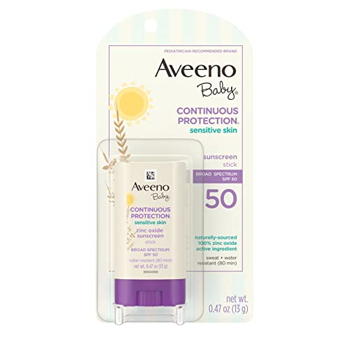 Aveeno Baby Continuous Protection Mineral Sunscreen Stick for Sensitive Skin with Broad Spectrum SPF 50 Protection for Face Body Naturally Sourced 100 Zinc Oxide Travel Size 047 oz 0 belly baby and beyond