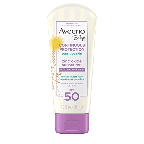 Aveeno Baby Continuous Protection Zinc Oxide Mineral Sunscreen Lotion for Sensitive Skin Broad Spectrum SPF 50 Tear Free Sweat Water Resistant Paraben Free Travel Size 3 fl oz 0 belly baby and beyond