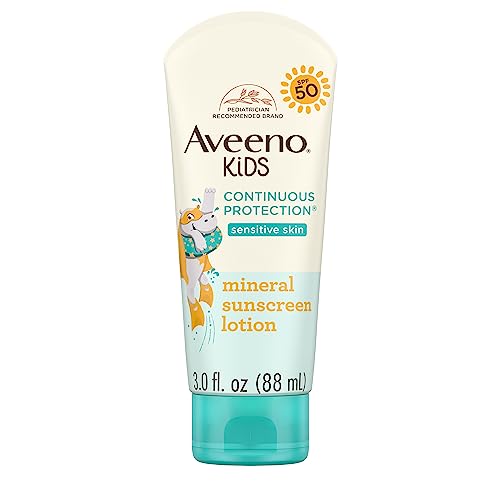 Aveeno Kids Continuous Protection Zinc Oxide Mineral Sunscreen Lotion for Childrens Sensitive Skin with Broad Spectrum SPF 50 Tear Free Sweat Water Resistant Non Greasy 3 fl oz 0 belly baby and beyond