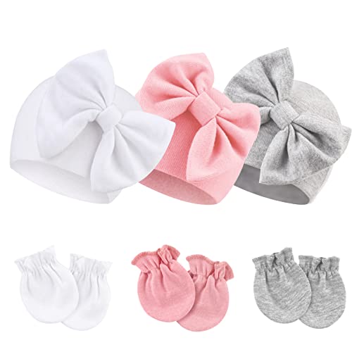 BQUBO Newborn Baby Hospital Hats Beanie Bow Infant Caps Baby Cotton No Scratch Mittens Set for 0 6 Months 0 belly baby and beyond
