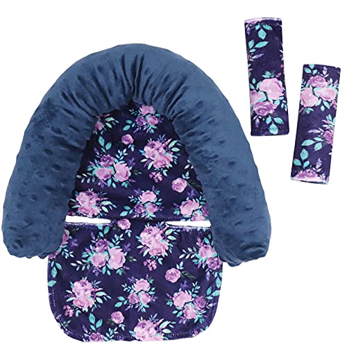 Baby Carseat Headrest and Strap Covers Purple Floral Minky Infant Strollers Head Support Seat Belt Cover Toddler Strollers Headrest and Neck Cover Car Accessories for Newborn Boys Girls 0 belly baby and beyond