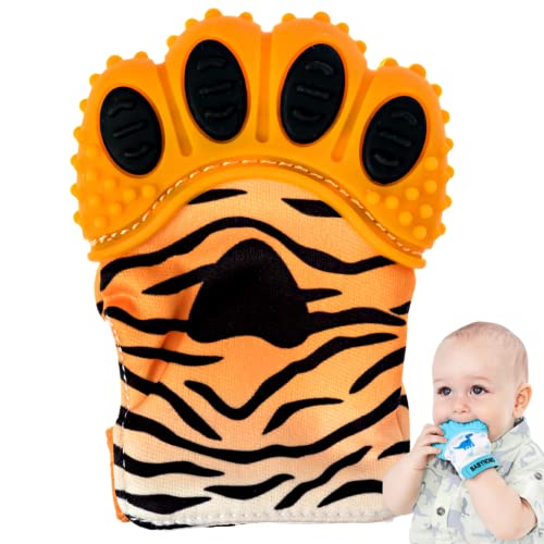 BabyNoms Teething Mitten The Original Teething Paw 1 Count Safe Silicone Teething Toys or Teething Ring Provides Self Soothing Teething Relief Tiger Orange Teether 0 belly baby and beyond
