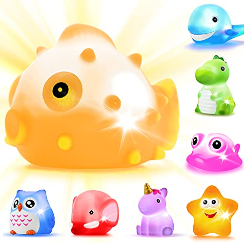 Bath Toys 8 Pcs Light Up Floating Rubber Animal Toys Set Flashing Color Changing Light in Water Baby Infants Kids Toddler Child Preschool Bathtub Bathroom Shower Games Swimming Pool Party 0 belly baby and beyond