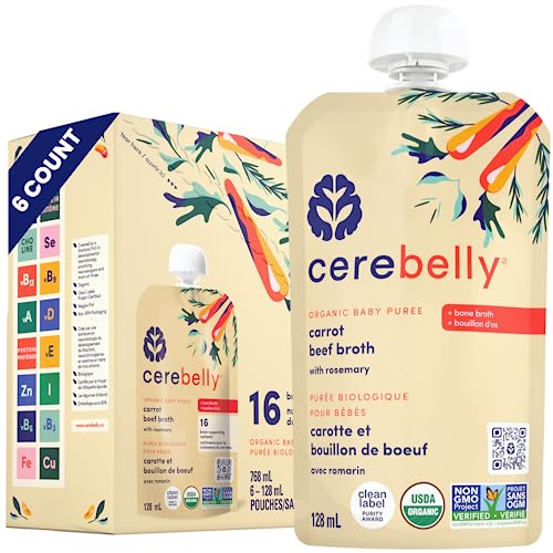 Cerebelly Organic Carrot Rosemary Beef Bone Broth Puree 6 Months Stage 1 2 Baby Food Pouches Non GMO Tested for Heavy Metals Protein Healthy Fats 16 Nutrients 4 Oz Pouch 6 Pack 0 belly baby and beyond
