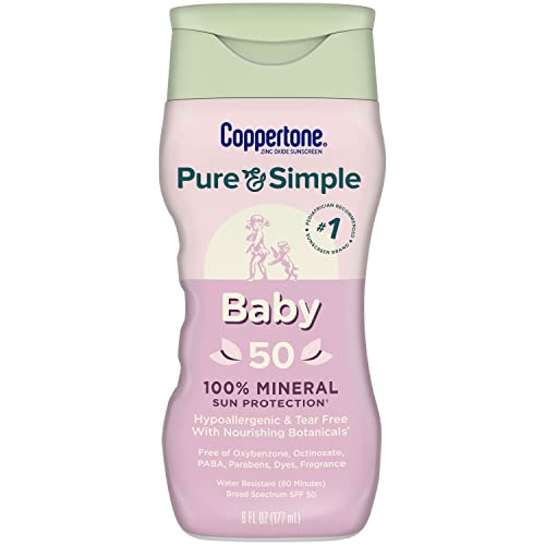 Coppertone Pure and Simple Sunscreen SPF 50 Lotion with Zinc Oxide Mineral for Babies Tear Free Water Resistant Broad Spectrum 6 Fl Oz Bottle 0 belly baby and beyond