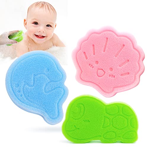 DANCELF Baby Bath Sponge Natural Cute Shapes Soft Shower Sponges for Bathing Bathtub Toys for Infants and Toddler 3pcs Blue Dolphin Pink Shell Green Turtle 0 belly baby and beyond