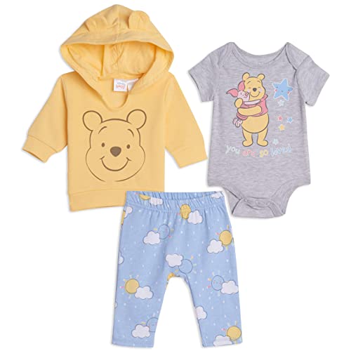 Disney Classics Mickey Mouse Winnie the Pooh Baby Hoodie Bodysuit and Pants 3 Piece Outfit Set Newborn to Infant 0 belly baby and beyond