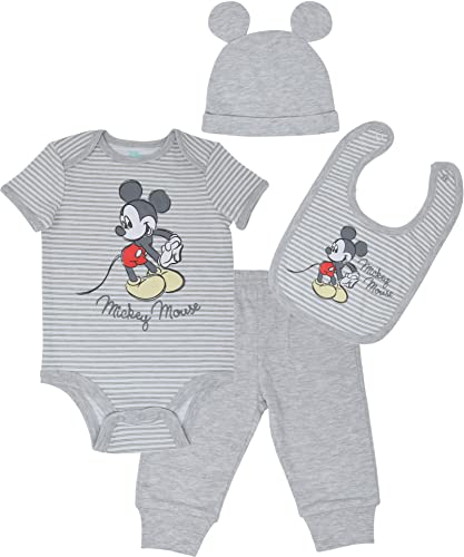 Disney Mickey Mouse 4 Piece Outfit Set Bodysuit Pants Bib Hat 0 belly baby and beyond