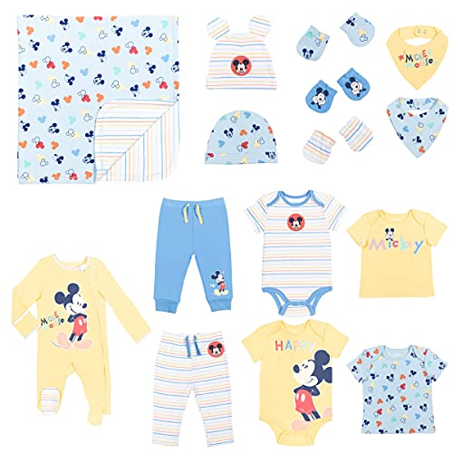 Disney Mickey Mouse Newborn Baby Zip Up Coverall Bodysuits T Shirts Pants Bibs Hats Mitts and Blanket 15 Piece Layette Set 0 belly baby and beyond