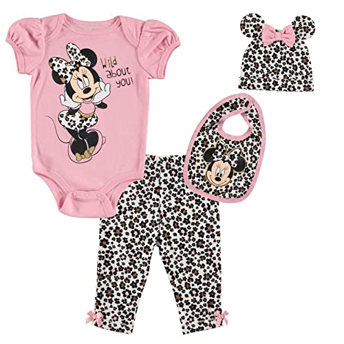 Disney Minnie Mouse Baby Girls Bodysuit Pants Bib and Hat 4 Piece Outfit Set Newborn to Infant 0 belly baby and beyond