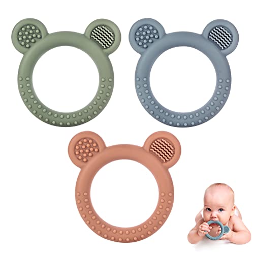Eascrozn Baby Teething Toys for Babies 0 6 Months Set of 3 Baby Toys 6 to 12 Months BPA Free Soft and Textured Bear Ring Silicone Teether Relief Soothing Sore Gums Chew Infant Toys 0 belly baby and beyond