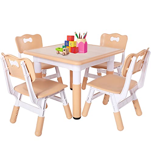 FUNLIO Kids Table and 4 Chairs Set Height Adjustable Toddler Table and Chair Set for Ages 3 8 Easy to Wipe Arts Crafts Table for ClassroomsDaycaresHomes CPC CE Approved5 Piece Set 0 belly baby and beyond