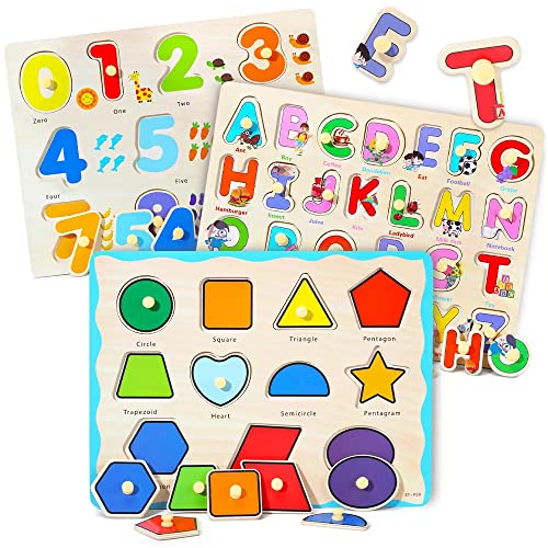 GRINNNIE Wooden Montessori Toddler Puzzles for 2 3 4 Years Old 3 Pcs Number Letter Shape Kids Preschool Educational Peg Puzzle Set 0 belly baby and beyond