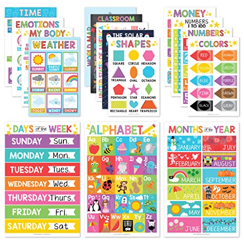 Hadley Designs 16 Educational Posters for Classroom Kindergarten Homeschool Baby to 3rd Grade Kids Laminated PreK Learning Chart Materials US World Map ABC Alphabet Shapes Days of the Week 0 belly baby and beyond