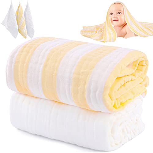 HardNok Muslin Baby Bath Towel Set 2 Large Gauze Super Soft Baby Bath Towel and 3 Washcloths 6 Layers Muslin Cotton Infant Blanket Suitable for Babys Delicate Skin Amsicotion 0 belly baby and beyond