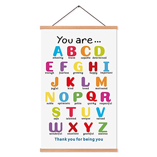 KAIRNE Colorful ABC Alphabet Art Print with Wood Magnetic Poster Hanger Frame 28X45CM You are Amazing Positive Affirmation Words Canvas Wall Art for Home School Classroom Room Decor 0 belly baby and beyond