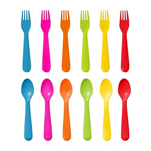 PLASKIDY Plastic Toddler Utensils Set of 12 Kids Utensils Forks and Spoons BPA FREEDishwasher Safe Toddlers Silverware Set Brightly Colored Childrens Safe Flatware Cutlery Set 0 belly baby and beyond