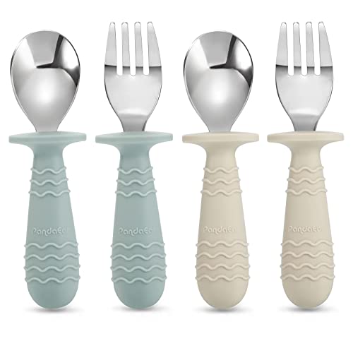 PandaEar 4 Set Baby Toddler Silicone Stainless Steel Utensils Silverware Spoon Fork for Baby Toddler BPA Free with Silicone Holding Anti Choke Design 0 belly baby and beyond