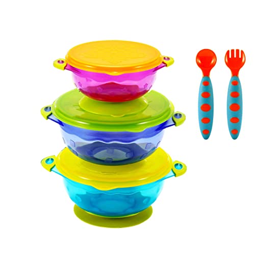 PandaEar Stay Put Spill Proof Stackable Baby Suction Bowls 3 Sizes for Toddlers with Silicone Feeding Utensils and Secure Lids BPA Free 0 belly baby and beyond