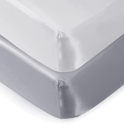 Pro Goleem 2 Pack Satin Soft Crib Sheet Great for Baby with Sensitive Hair Silky Baby Mattress Sheet White and Gray Unisex 52x28x8 Fitted Sheets 0 belly baby and beyond