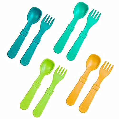 RE PLAY Made in USA 8pk Toddler Feeding Spoon and Fork Set Made from BPA Free Eco Friendly Recycled Milk Jugs Virtually Indestructible Aqua Sunny Yellow Lime Teal Dishwasher Safe Aqua Asst 0 belly baby and beyond