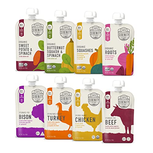 Serenity Kids 6 Months Baby Food Pouches Puree Made With Ethically Sourced Meats Organic Veggies No Sugary Fruits or Added Sugar Allergen Free 35 Ounce BPA Free Pouch Variety Pack 8 Count 0 belly baby and beyond