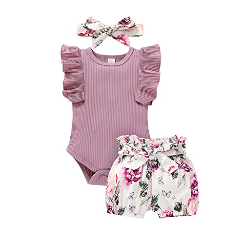 Tiny Cutey Baby Girl Clothes Infant Summer Outfits Set Ruffle Sleeve Romper and Floral Shorts with Headband 0 belly baby and beyond