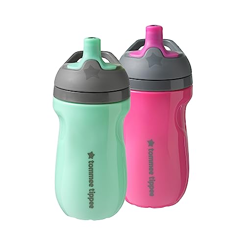 Tommee Tippee Plastic Insulated Sportee Water Bottle for Toddlers Spill Proof Pink and Mint 9oz 12m 2 Count 0 belly baby and beyond