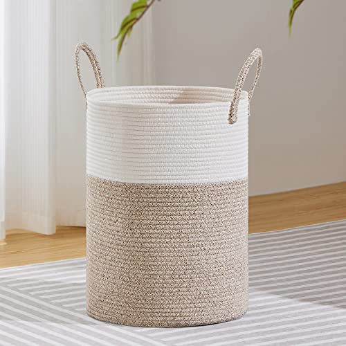 VIPOSCO Large Laundry Hamper Tall Woven Rope Storage Basket for Blanket Toys Dirty Clothes in Living Room Bathroom Bedroom 58L White Brown 0 belly baby and beyond