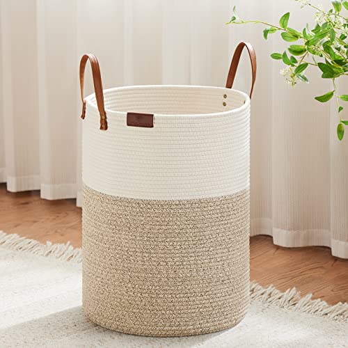 VIPOSCO Tall Laundry Basket Large Dirty Clothes Hamper with Leather Handle Woven Rope Storage Basket for Blanket Toy In Living Room Bathroom Bedroom 58L White Brown 0 belly baby and beyond