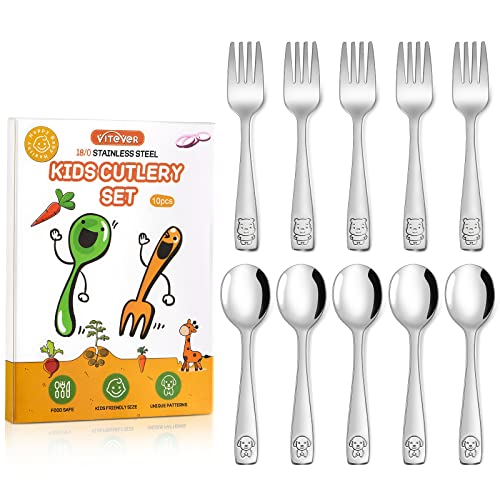 VITEVER 10 Piece Toddler Utensils Kids Stainless Steel Silverware Set Children Safe Forks and Spoons Mirror Polished Dishwasher Safe 0 belly baby and beyond