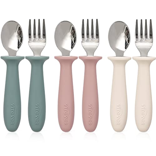 VITEVER 6 Pieces Toddler Utensils Kids Silverware Set with Silicone Handle Children Safe Spoons and Forks 188 Stainless Steel Food grade Silicone Dishwasher Safe 0 belly baby and beyond