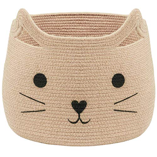VK Living Animal Baskets Large Woven Cotton Rope Storage Basket with Cute Cat Design Animal Laundry Basket Organizer for Towels Blanket Toys Clothes Gifts Pet or Baby Gift Baskets 15 L x 14H 0 belly baby and beyond