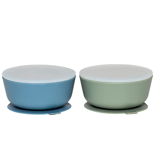 WeeSprout Silicone Plastic Dishware Bowls Leakproof Premium Lids Durable for Babies and Toddlers Dishwasher Microwave and Freezer Safe Set of 2 Muted Blue Muted Green 0 belly baby and beyond