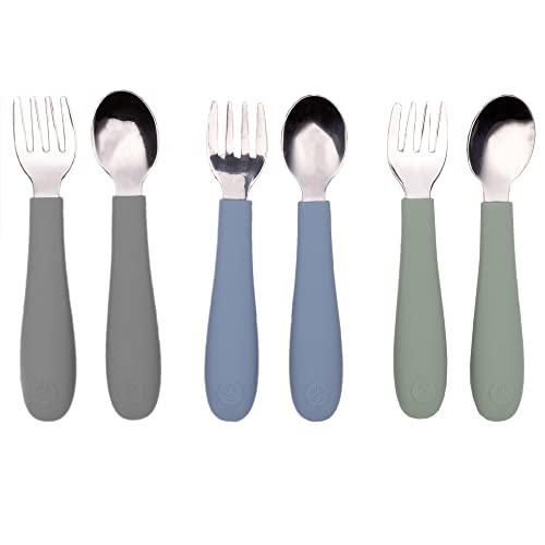 WeeSprout Toddler Utensils 3 Forks 3 Spoons 188 Stainless Steel Food Grade Silicone Thick Easy Grip Handles Perfect Length For New Self Feeders Gentle On Gums Teeth Dishwasher Safe 0 belly baby and beyond