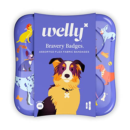 Welly Bandages Adhesive Flexible Fabric Bravery Badges Assorted Shapes for Minor Cuts Scrapes and Wounds Colorful and Fun First Aid Tin Dogs Patterns 48 Count 0 belly baby and beyond