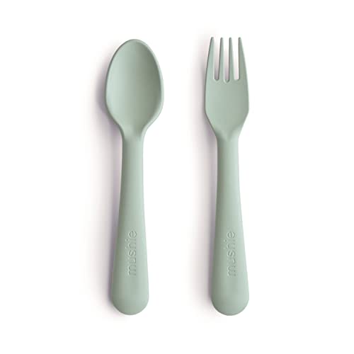 mushie Flatware Fork and Spoon Set for Kids Made in Denmark Sage 0 belly baby and beyond